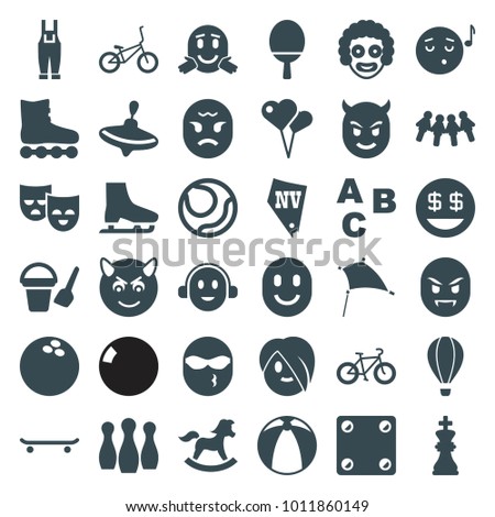 Fun icons. set of 36 editable filled fun icons such as whirligig, bucket toy for beach, vegas, abc, emoji listening music, devil emot, dollar smiley, clown