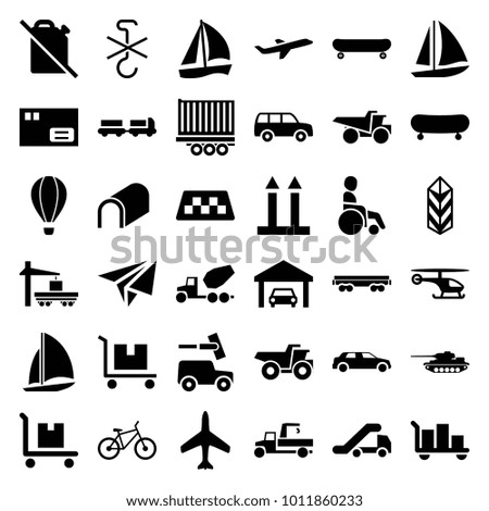 Transportation icons. set of 36 editable filled transportation icons such as plane, taxi, truck with luggage, truck, parcel, luggage, skate, sailboat, no oil, cargo