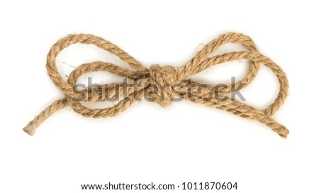 Rough rope bow knot, isolated on white background, close up, top view.