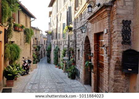 Traditional italian medieval alley in the historic center of beautiful little town of Spello, Perugia , in Umbria region - central Italy Royalty-Free Stock Photo #1011884023