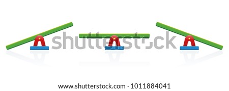 Seesaw - colored balance toy set - three positions, balanced and unbalanced, equal and unequal weightiness - isolated vector illustration on white background. Royalty-Free Stock Photo #1011884041