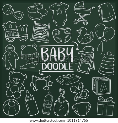 Baby Newborn Child Doodle Line Icon Chalkboard Sketch Hand Made Vector Art.