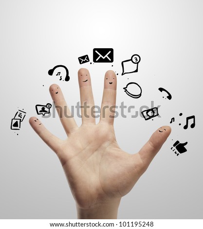 Happy group of finger smileys with social chat sign and speech bubbles,icons. Fingers representing a social network.