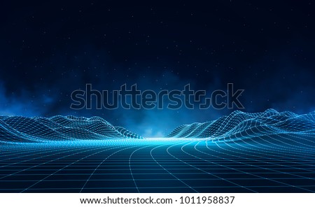 Abstract digital landscape with particles dots and stars on horizon. Wireframe landscape background. Big Data. 3d futuristic vector illustration. 80s Retro Sci-Fi Background Royalty-Free Stock Photo #1011958837