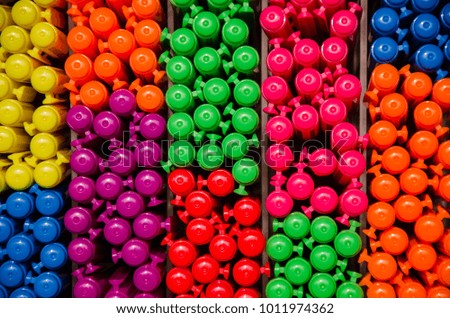 Colorful pen in box on the stationery store.Picture for background and texture.