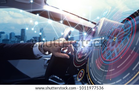 Cockpit of the autonomous car concept. Driverless car. Self-driving vehicle. UGV. Royalty-Free Stock Photo #1011977536