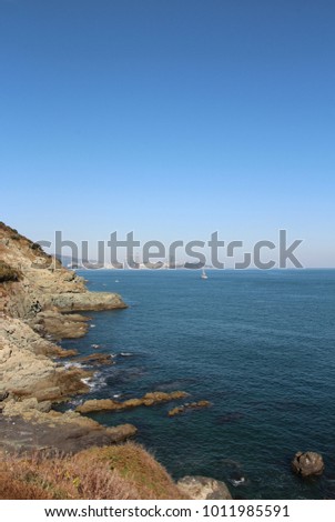 View of Igidae park coastline and Haeundae district from Oryukdo Skywalk in sunny day, Busan, South Korea