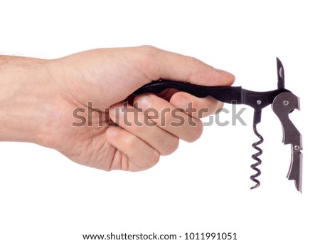 Corkscrew in hand on white background isolation
