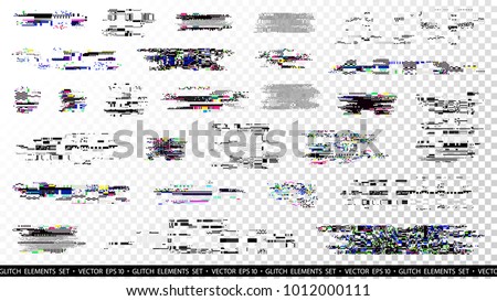 Glitch elements set. Computer screen error templates. Digital pixel noise abstract design. Poster design pixel details. Glitches collection. TV signal fail. Data decay. Technical problem grunge. Royalty-Free Stock Photo #1012000111