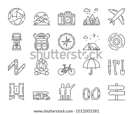 Vector line icons set of hiking, travel and adventure. Linear symbols of camping and tourism.