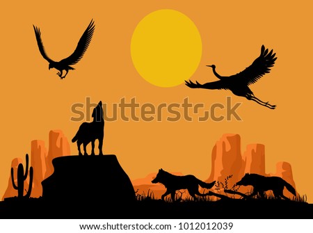 Desert wildlife silhouettes, wolves and birds black silhouettes