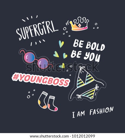 Cool t shirt design in doodle style with patches and hand written quotes