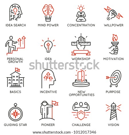 Vector set of linear icons related to skills, empowerment leadership development, qualities of a leader and willpower. Mono line pictograms and infographics design elements - part 2 Royalty-Free Stock Photo #1012017346