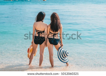Girl Group On Beach Summer Vacation, Young Woman Back Rear View Sit On Sand Sea Ocean Holiday Travel