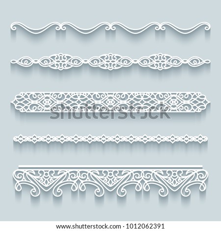 Vector set of lace border vignettes, templates for laser cutting. Vintage flourish ornaments, cutout paper decoration, eps10