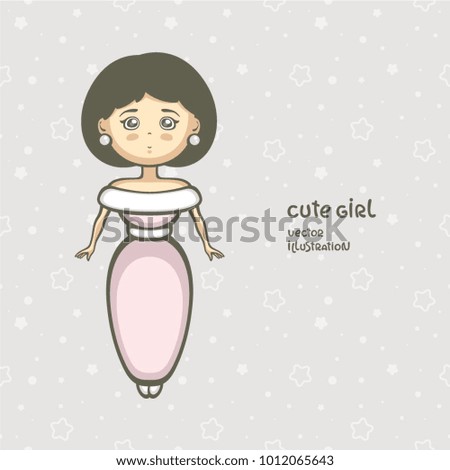 Cute girl in beautiful evening pink dress. Fashion vector illustration. Cartoon character.