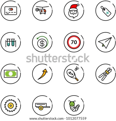line vector icon set - credit card vector, helicopter, santa claus, medical label, vial, money back, speed limit 70 road sign, paper plane, growth, badminton, bolt cutter, saw disk, trailer