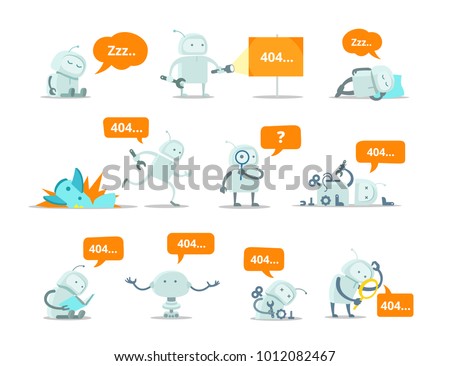 Robot Set 404 error page not found vector Crash accident funny Cosmonaut running repairs. Royalty-Free Stock Photo #1012082467
