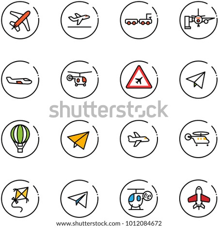 line vector icon set - plane vector, departure, baggage truck, boarding passengers, small, helicopter, airport road sign, paper fly, air balloon, kite, toy