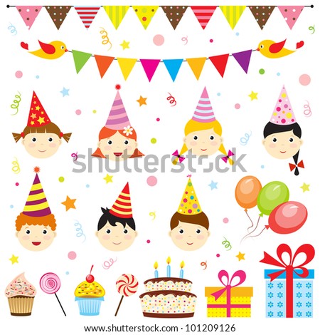 Set of birthday party elements with cute kids. Raster version
