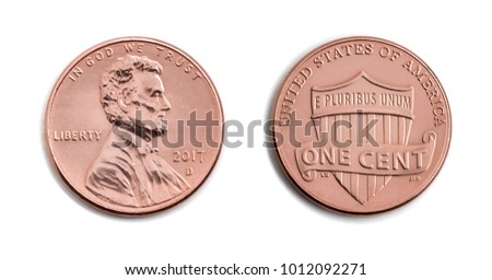 american one cent, USA 1 c, bronze coin both sides isolate on white background. Abraham Lincoln on copper coin realistic photo image -  Royalty-Free Stock Photo #1012092271