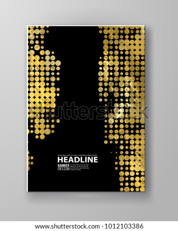 Flyers with patterns in gold and black halftone texture. Polka dots and halftones. For invitation, post card or banner. Vector illustration.
