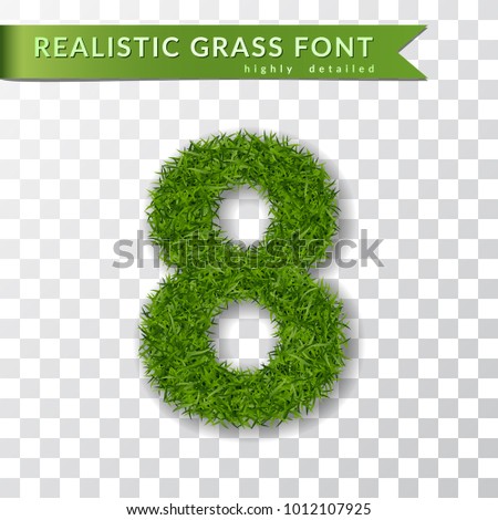 Grass number eight. Green number 8 isolated white transparent background. Green grass 3D eight, fresh symbol of nature, plant lawn, summer. Grass texture spring font. Eco design Vector illustration