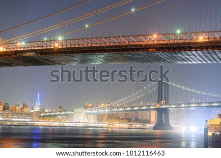 The Manhattan Bridge in New York City at sunset, USA.
