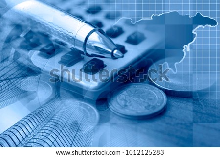 Financial background in blues with money, calculator, table and pen.