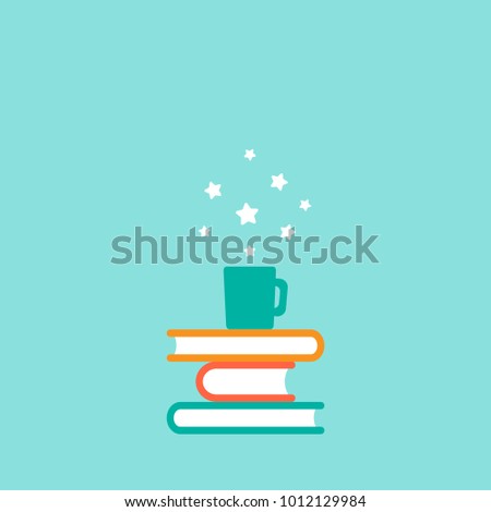 Stack of colorful books with hot cup of coffee or tea and white stars flying out.  Isolated on powder blue background. Flat icon. Vector illustration. Knowledge logo. Education pictogram. 