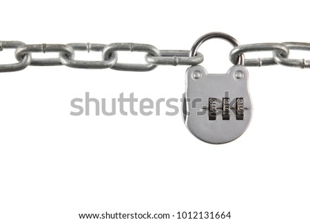metal chain and lock isolated on white background closeup