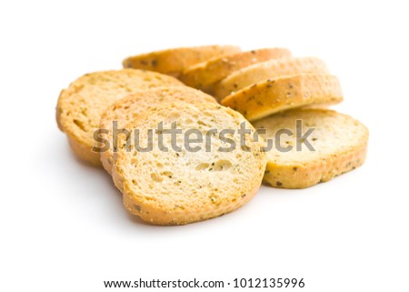 Crusty bread bruschetta isolated on white background. Royalty-Free Stock Photo #1012135996