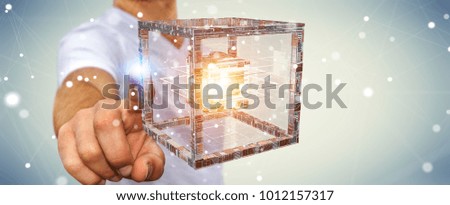 Businessman on blurred background using futuristic cube textured object 3D rendering