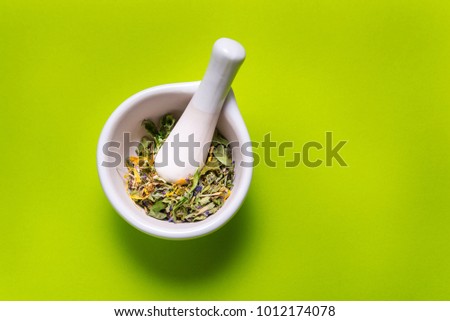 Herbs in porcelain mortar on colorful background Royalty-Free Stock Photo #1012174078