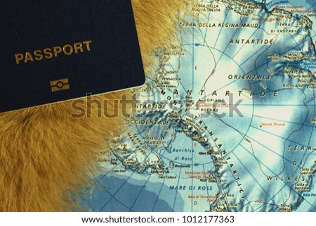 Travel and vacation concept. Passports on Antarctide map background