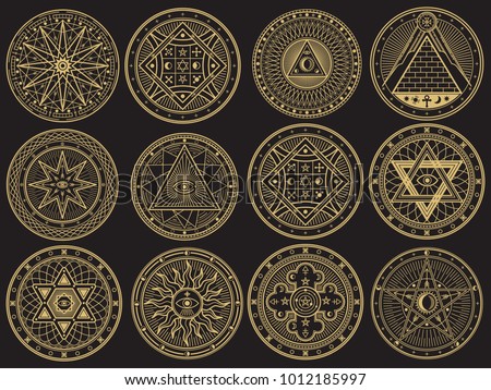 Golden mystery, witchcraft, occult, alchemy, mystical esoteric symbols. Witchcraft mystery emblem collection, magic religion tattoo. Vector illustration