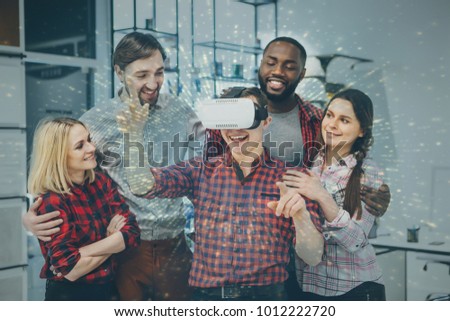 International students resting together  with glasses of virtual reality - future technology concept.