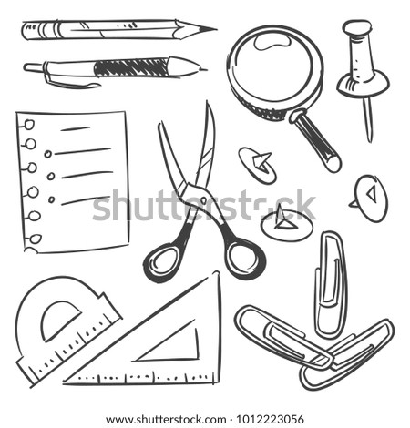 Stationery sketch set - scissors pencil pen button isolated on white background. Vector pencil and pen, sketch drawing illustration