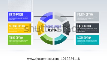 Horizontal pie infographics template with six segments in clean business style on white background