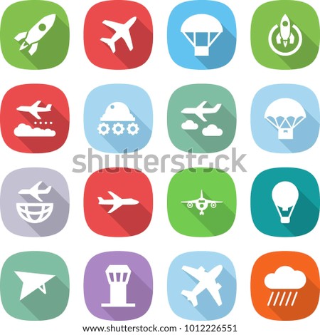 flat vector icon set - rocket vector, plane, parachute, weather management, lunar rover, journey, delivery, shipping, air ballon, deltaplane, airport tower, airplane, rain cloud