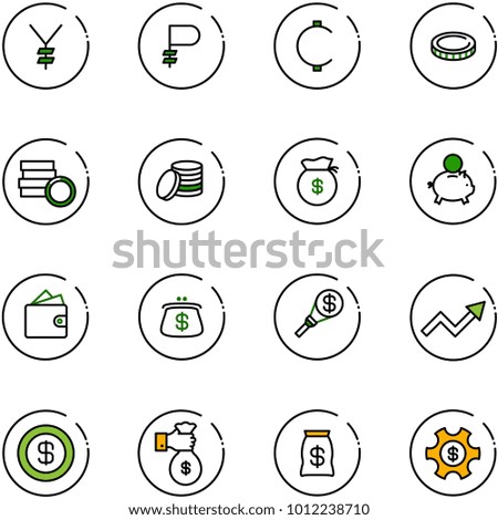 line vector icon set - yen vector, ruble, cent, coin, money bag, piggy bank, wallet, purse, torch, growth arrow, dollar, rich, managemet
