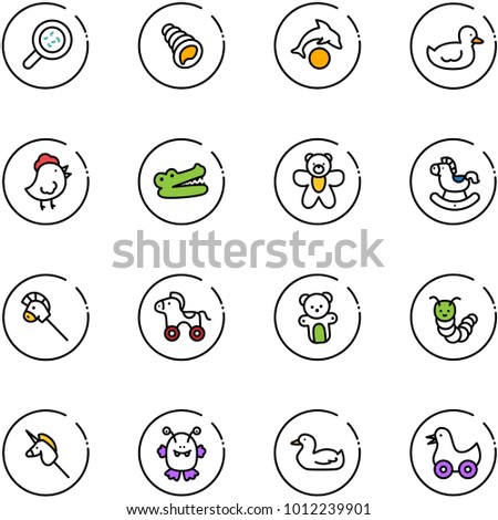 line vector icon set - bacteria vector, shell, dolphin, duck toy, chicken, crocodile, bear, rocking horse, stick, wheel, caterpillar, unicorn, monster