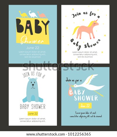  Cute Baby Shower Invitation Template card. Vector clip art for children. 