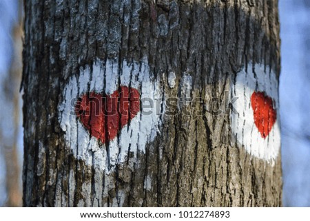 Picture of two red hearts painted on tree