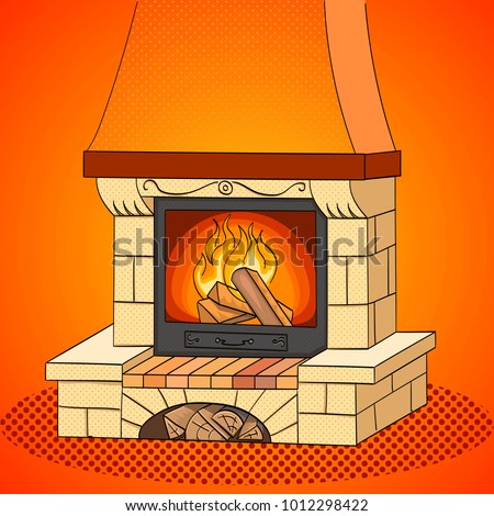 Pop art vector illustration. A brick fireplace burns a tree. The background is red and orange.
