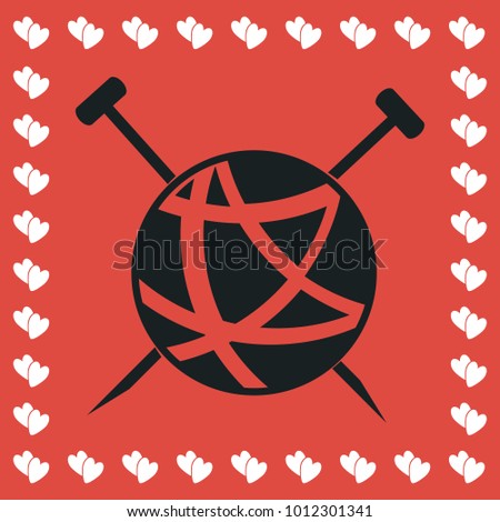 Tailor ravel ball of yarn for knitting icon flat. Simple black pictogram on red background with white hearts for valentines day. Illustration symbol