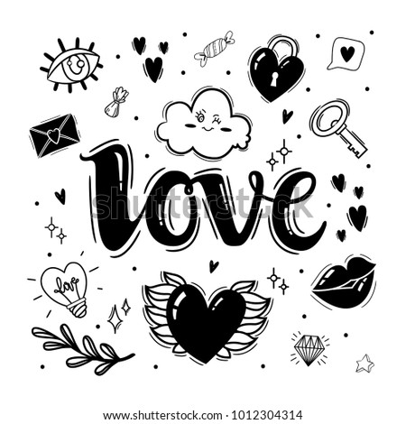 Set of black and white elements for design on Valentines Day or wedding. Valentine's Day theme doodle set. Traditional romantic symbols