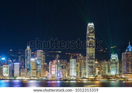 Laser show in Victoria Harbor in Hong Kong city