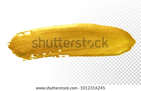 Gold paint brush smear vector stroke. Acrylic golden color stain on transparent background. Abstract gold glittering textured paint for invitation, wedding or bithday card template