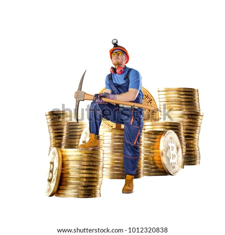 Miner man posing with a golden bitcoin stacks of coins on a background. Bitcoin mining virtual cryptocurrency concept